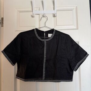 DISSH Black Linen Crop Top with White Trim